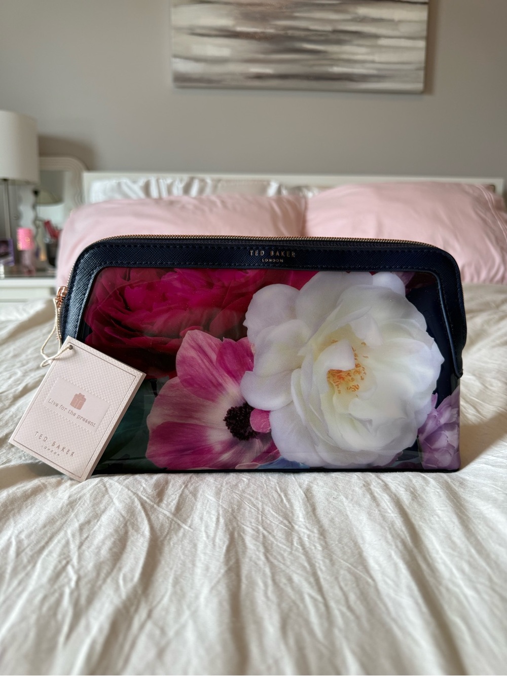 Ted Baker Floral Cosmetic Pouch - Pink, White, Black Trim